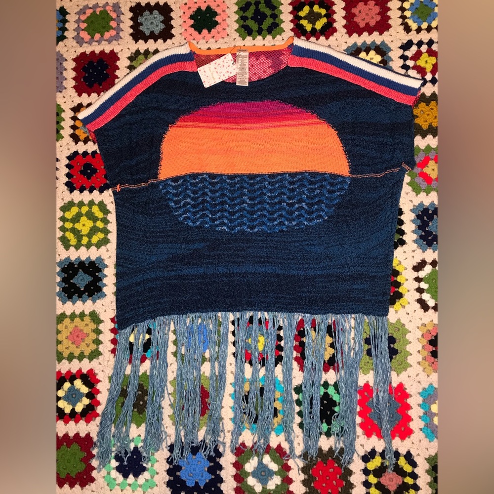 Women’s Free People Sunset Fringe Top XS/S Blue combo NWT